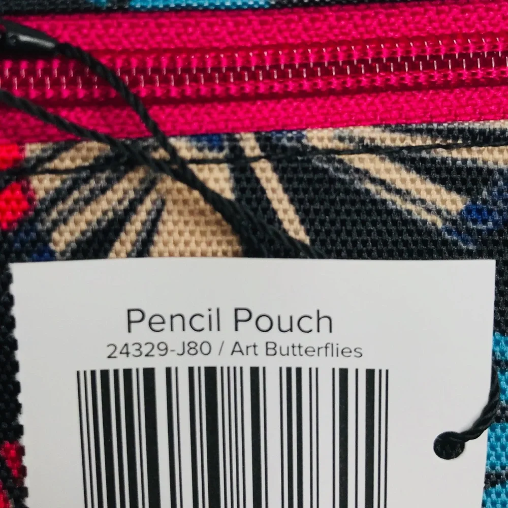 Vera Bradley Lighten Up Pencil Pouch. Art Butterflies, Black, Pink